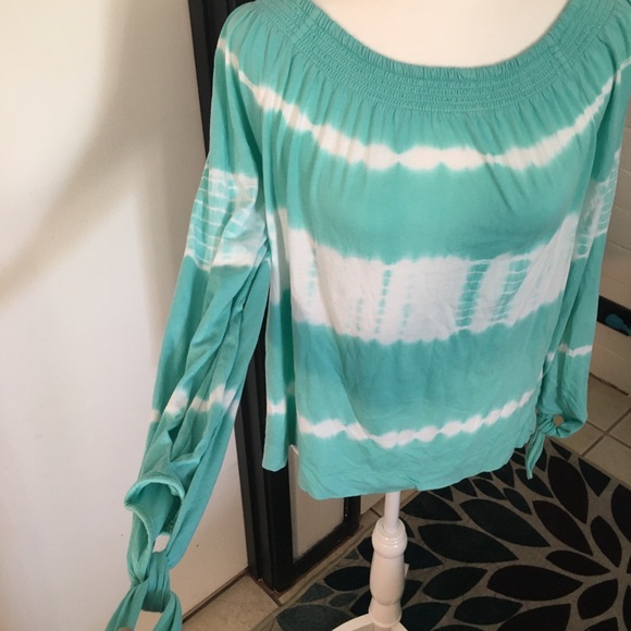 Turquoise Tye-dye elastic boat neck shirt with tie long  sleeves - Picture 8 of 11
